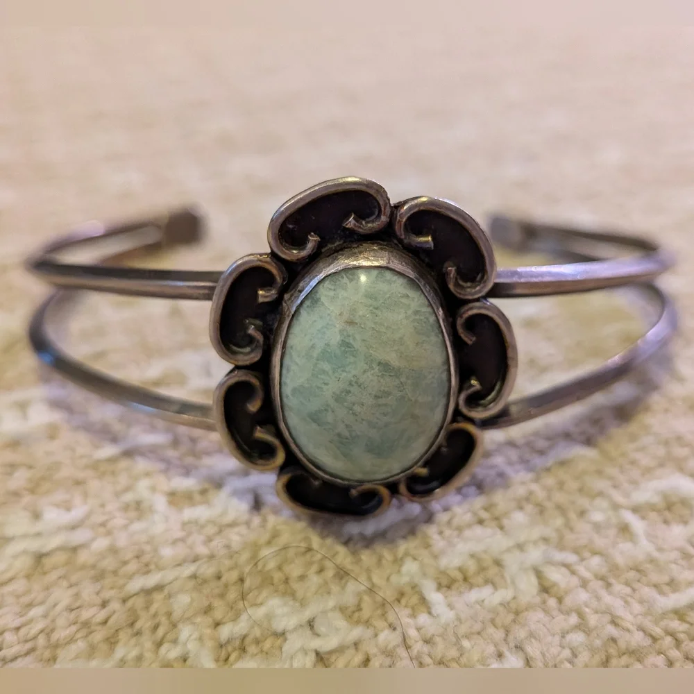 Vintage Genuine Sterling Silver Aquamarine Gemstone Cuff - Picture 2 of 3
